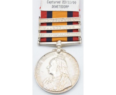 British Army Queen's South Africa Medal 1899 with clasps for Relief of Kimberley, Paardeberg and Driefontein, named to 2903 P