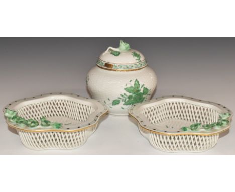 Herend porcelain covered pot and a pair of pierced dishes with applied flower decoration, tallest 12cm