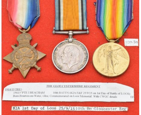 British Army WW1 medals comprising 1914/1915 Star, War Medal and Victory Medal, named to 15613 Pte J Beacham, Gloucestershire