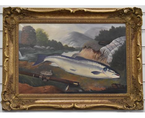 Oil or acrylic on canvas salmon with fishing rod blanket and book on a riverbank, 39 x 59cm, in gilt frame