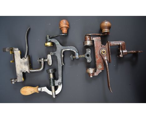 Three 16 bore shotgun cartridge rollover tools one stamped 'Brevete SGDG' one stamped 'DG' and one stamped 'Rapid'.&nbsp;