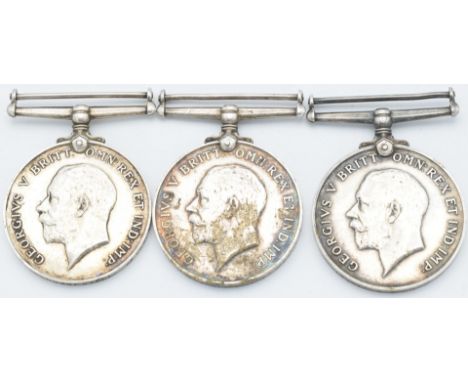 British Army WW1 medals comprising three War Medals named to 68301 Pte R D Dowdeswell, 68207 Pte H B Holmes and 103073 Pte W 