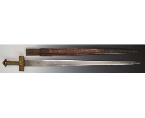 North African Tuareg Takouba sword with double edged straight 31cm blade with central fullers and half moon marks on either s