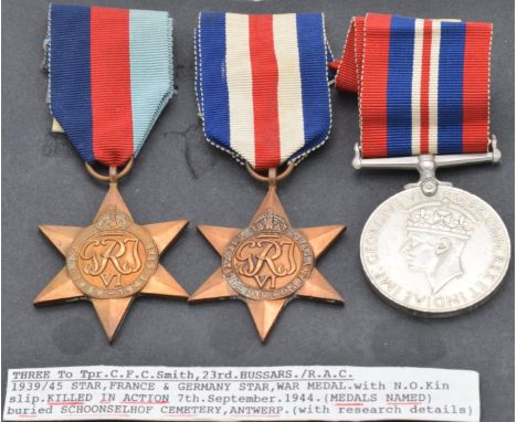 British Army WW2 medals comprising 1939/1945 Star, France and Germany Star and War Medal, named to 7951004 Trooper C F C Smit