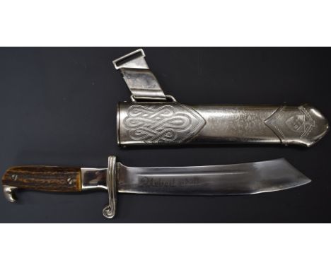 German Third Reich Nazi RAD Hewer / dagger, stag horn grip, Urbeit Adelt to 24cm blade, rubbed maker's name, Ges Gesch and ma
