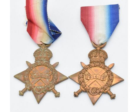 British Army WW1 medals comprising two 1914/1915 Stars named to 14410 Pte C C Symonds and 14655 Pte R H Edwards, both Glouces
