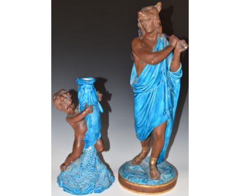 Two Royal Worcester majolica figures Hunter and Fisher Boy