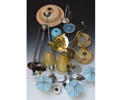 A collection of vintage light fittings and glass shades, chrome and brass fittings, Art Deco onwards