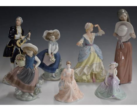 Three Lladro and two Coalport figurines, a Wedgwood Little Bo Peep and a Royal Dux musician, tallest 24cm&nbsp;