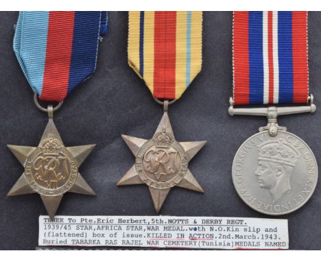 British Army WW2 medals comprising 1939/1945 Star, Africa Star and War Medal named to 4980386 Pte Herbert Notts and Derby Reg