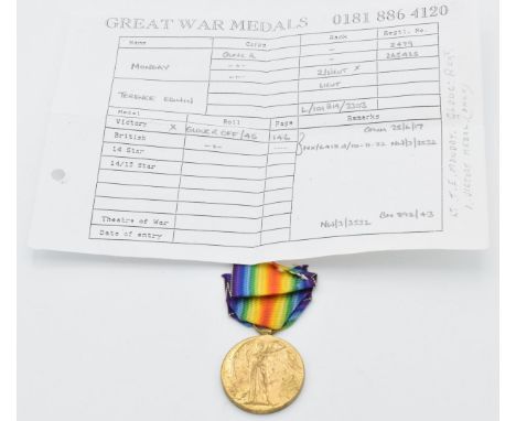 British Army WW1 Victory Medal named to 2nd Lieutenant T E Monday, Gloucestershire Regiment, with copy medal index card