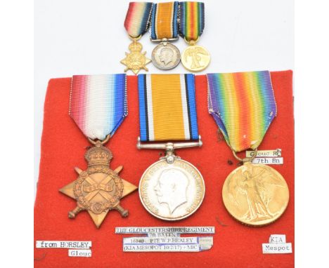 British Army WW1 medals comprising 1914/1915 Star, War Medal and Victory Medal named to 16140 Pte W P Healey, Gloucestershire