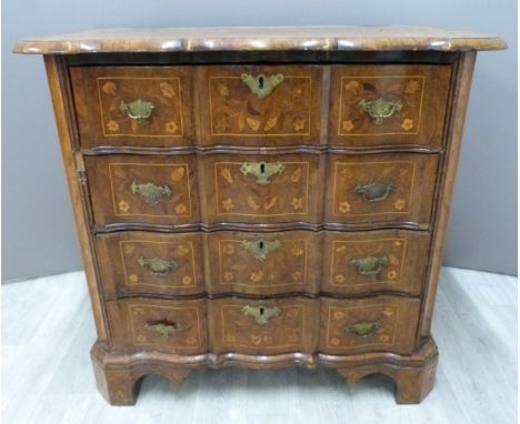 18thC Dutch marquetry inlaid serpentine fronted chest of four drawers with removable mirror, raised on bracket feet, W85 x D5