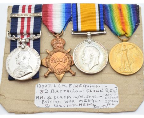 British Army WW1 Gloucestershire Regiment Military Medal and bar group of four awarded to 13027 Lance Corporal E Weaving, 8th