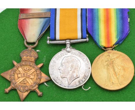 British Army WW1 medals comprising 1914 'Mons' Star with clasp for 5th August - 22nd November 1914, War Medal and Victory Med