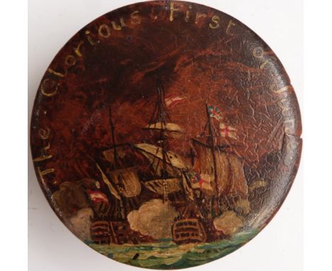 Nelson / Napoleonic interest&nbsp;a circular, walnut patch box with tortoiseshell interior, the lid painted with naval battle