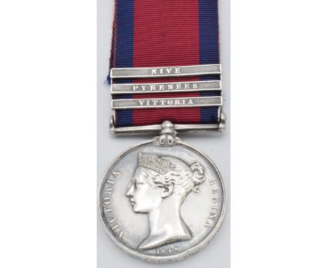 British Army Military General Service Medal 1847 with clasps for Vittoria, Pyrenees and Nive, named to Robert Watson, 28th Re