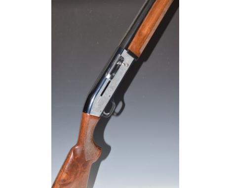 Luigi Franchi 12 bore three-shot semi-automatic shotgun with engraved scenes of birds to the lock, chequered semi-pistol grip
