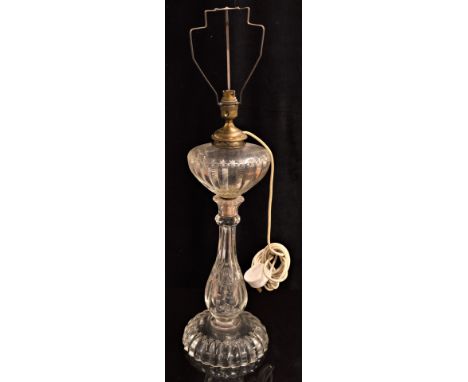 19th or early 20thC cut glass oil lamp, converted for electric with bayonet fitting to burner, 72cm tall