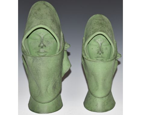 Two green ceramic busts in the Goldscheider style, tallest 25cm