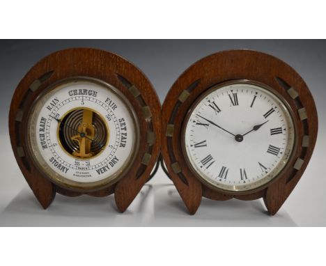19th or early 20thC desk clock and barometer with horseshoe surrounds,&nbsp;W26cm