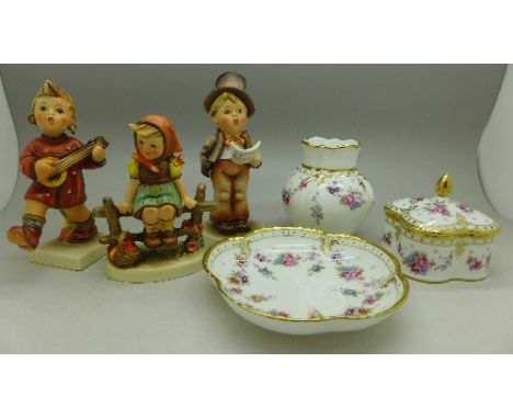 Three Goebel figures, a/f and three items of Royal Crown Derby Royal Antoinette china, one second