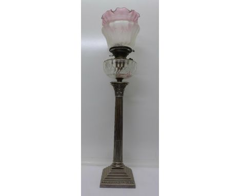 A plated Corinthian column table lamp by Walker & Hall with shade, lacking chimney