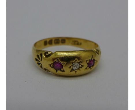 An 18ct gold, ruby and diamond ring, Chester 1903, 2.1g, K