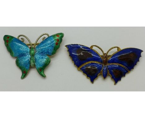 Two enamel butterfly brooches