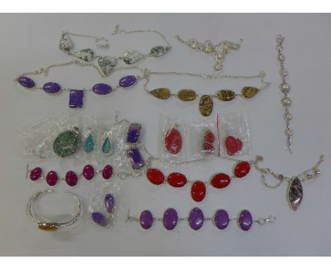 Silver and stone set necklaces, earrings and a bangle