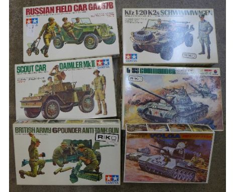 Six army vehicle model kits including Tamiya and Nitto Kagaku, boxed