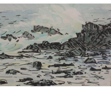 A watercolour, Tom Dearden, Minorca seascape, signed and dated 1988, and attributed verso, 18 x 24cm, plus frame and glazed