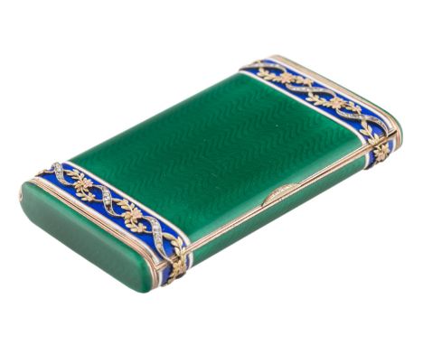 A SILVER-GILT AND GUILLOCHE ENAMEL CIGARETTE CASE, IVAN BRITSYN, ST. PETERSBURG, CIRCA 1900 of rectangular shape, with deep g