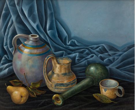 LUIGI LUCIONI (ITALIAN-AMERICAN 1900-1988)Three Vases, Cup, and Pear, 1969oil on canvas51 x 60.7 cm (20 1/8 x 23 7/8 in.)sign
