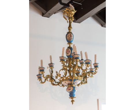 A FRENCH SEVRES-STYLE TURQUOISE-GROUND PORCELAIN AND ORMOLU MOUNTED TWELVE-LIGHT CHANDELIER, CIRCA 1900two porcelain baluster