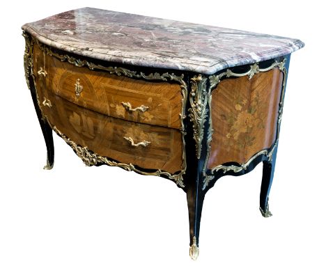 A 19TH CENTURY FRENCH ROCOCO FLORAL MARQUETRY BOMBE COMMODE WITH MARBLE TOPa shaped variegated marble top in shades of rose, 