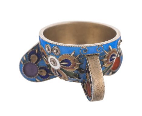 A MINIATURE SILVER AND CLOSONNE ENAMEL FABERGE SALT CELLAR, WORKMASTER FEODOR RUCKERT, LATE 19TH CENTURYfloral cloisonne enam