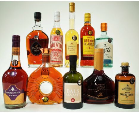 10 BOTTLES SPIRITSCourvoissier VSOP Cognac; Godet XO Terre Cognac; Bals Akvavit (50cl); Carlos I 1520 Brandy de Jerez Solera 