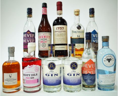 11 BOTTLES SPIRITSBull Terria Veto Blended Scotch Whisky (50cl); Misty Isle Raspberry Infused Pink Gin; Kalki Moon Navy Stren