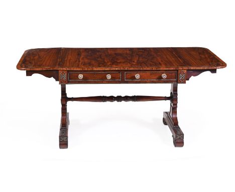 Y A GEORGE IV ROSEWOOD, BRASS INLAID AND GILT METAL MOUNTED LIBRARY TABLE CIRCA 1825 71cm high, 160cm wide (with leaves up), 