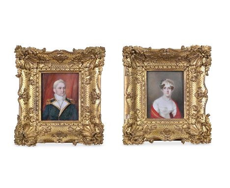 ENGLISH SCHOOL (EARLY 19TH CENTURY) PORTRAIT OF A GENTLEMAN,  IN A MILIATERY UNIFORM; PORTRAIT OF A LADY, WEARING A RED WRAP 