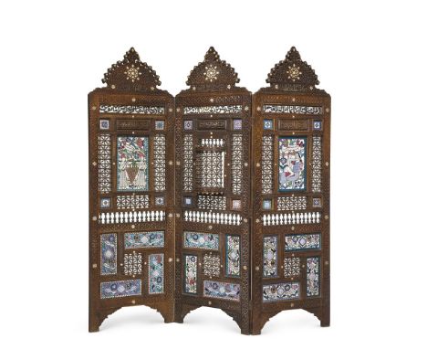 Y A CARVED HARDWOOD, ABALONE AND ENAMEL THREE LEAF PIERCED SCREEN19TH CENTURY, PROBABLY DAMASCUS, SYRIAEach panel with an arc