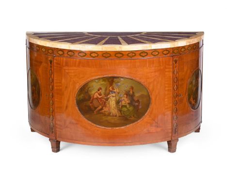 Y A DEMI-LUNE POLYCHROME DECORATED SATINWOOD COMMODEFIRST HALF 20TH CENTURY, IN THE GEORGE III STYLE With Siena and porphyry-