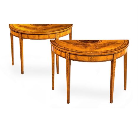 Y A PAIR OF GEORGE III SATINWOOD AND MARQUETRY DEMI-LUNE CARD TABLESLATE 18TH CENTURY  Each with a foliage inlaid banded top,