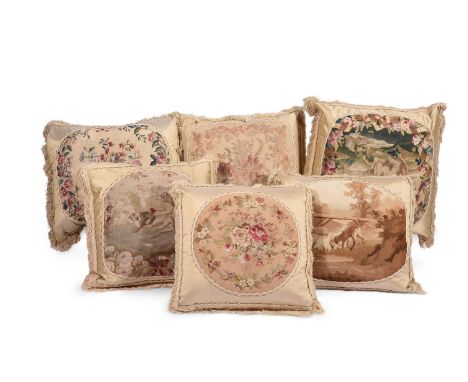 SIX LARGE CUSHIONSINCORPORATING 18TH CENTURY TAPESTRY AND LATER FABRICThe largest approximately 70cm x 70cm 