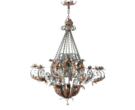 A WROUGHT IRON GREEN PAINTED AND GILT TEN BRANCH CHANDELIER20TH CENTURY The chandelier 118cm high, 107cm diameter, the chain 