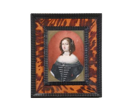 ATTRIBUTED TO LUIGI CORSI PORTRAIT OF A LADY IN A BLACK DRESS, TRIMMED WITH PEARLS Watercolour and bodycolour on ivory, in a 