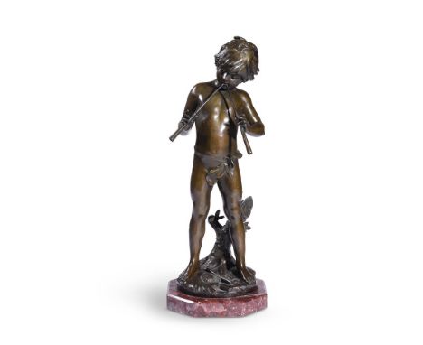 AFTER MOREAU, A CONTINENTAL BRONZE MODEL OF PANLATE 20TH CENTURYWith signature, on a marble base, 73cm high