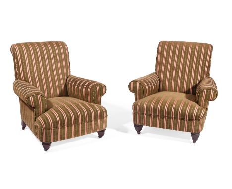 A PAIR OF OAK AND UPHOLSTERED ARMCHAIRS FIRST HALF 20TH CENTURY  87cm high, 80cm wide, 95cm deep overall Condition Report: Ov