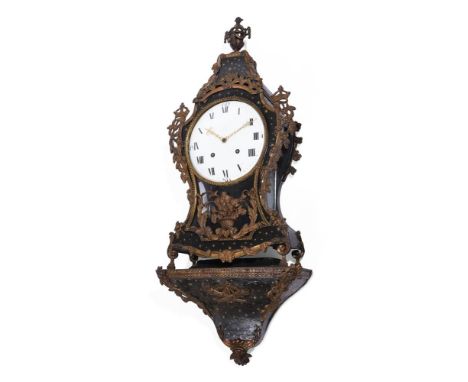 A SWISS NEUCHATEL BLACK AND GILT LACQUERED AND GILT METAL MOUNTED BRACKET CLOCKCIRCA 1790The two train movement striking on t